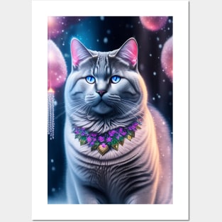 British Shorthair Cat Glows in a Winter Wonderland Posters and Art